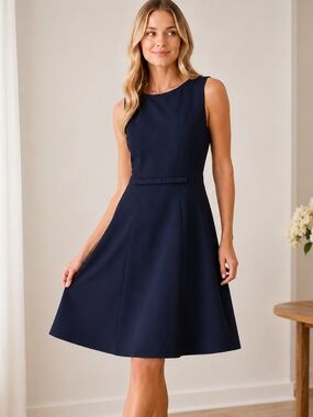 NWT H&M Deep Navy Sleeveless Fit & Flare Dress Bow Waist  Lined Size 14